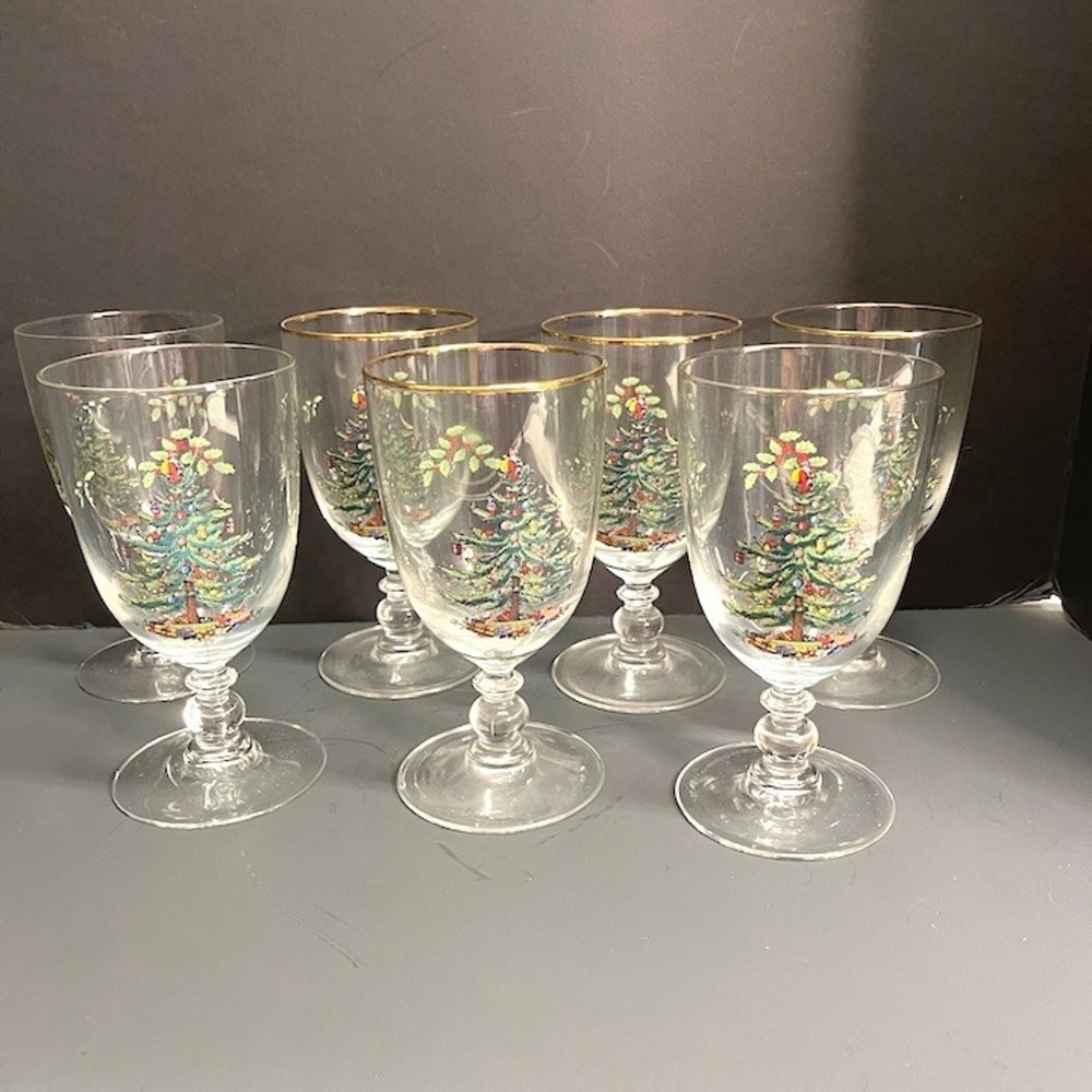 Vintage Spode Christmas Tree 16 oz Pedestal Goblets Mixed Lot Set of 7
